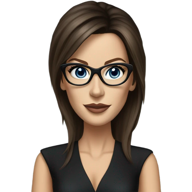 Hyper Realistic photo Kate Beckinsale blue eyes wearing glasses in a business meeting black dress emoji