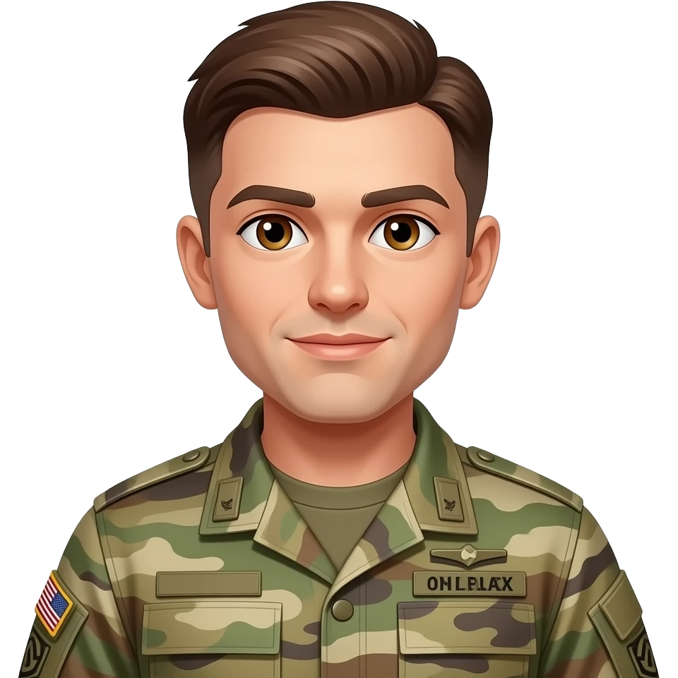 Military guy in military outfit, with Brown straight hair and Brown eyes emoji