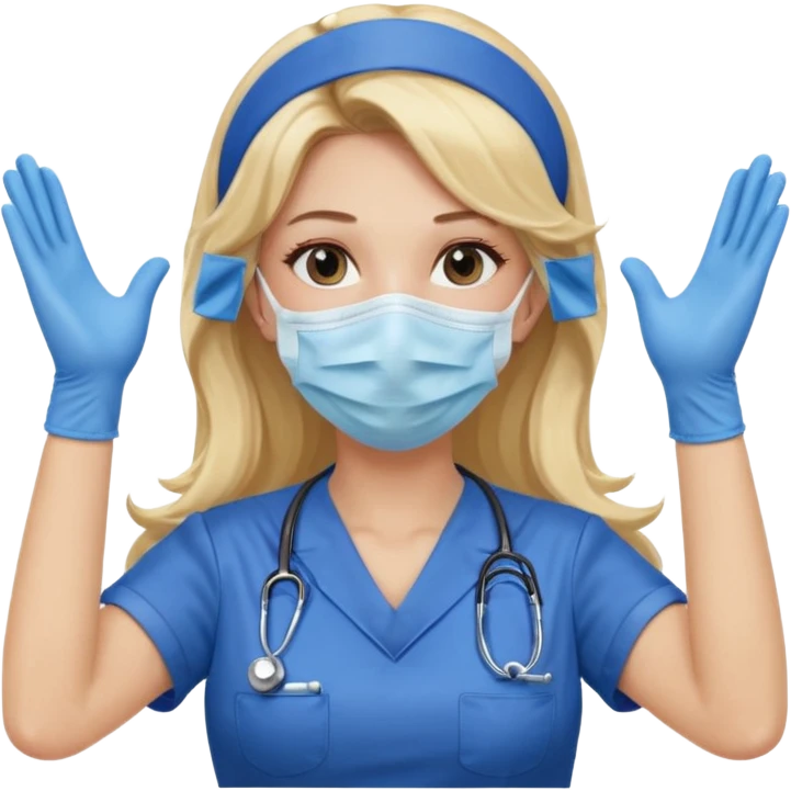 enfermera rubia con pelo largo sin balaca en el pelo, con mascarilla y guantes azules las dos manos arriba emoji