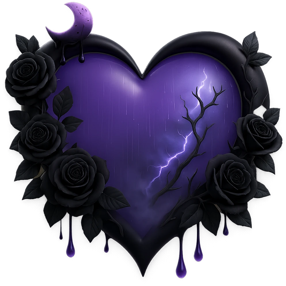 Make the black roses much more prominent and detailed, keeping the gothic heart, translucent purple glass, crescent moon with black drips, faint lightning bolts, misty rain, cracked glass with glowing mist, in the style of 3D emoji style, with no background. emoji