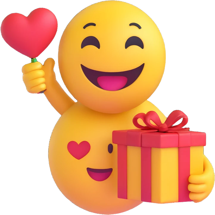 3D smiley emoji, round shape, in love, holding a gift, smiling face, no body emoji