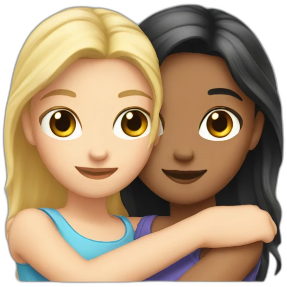 Two Girls are hugging each other. One girl has blond hair and Light eyes and the second girl has dark hair and dark eyes emoji