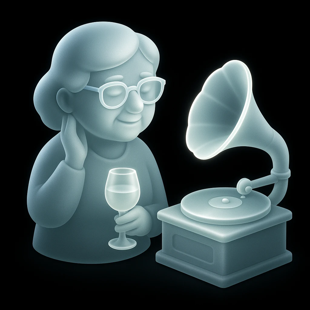 old lady with wineglass listening to gramophone emoji