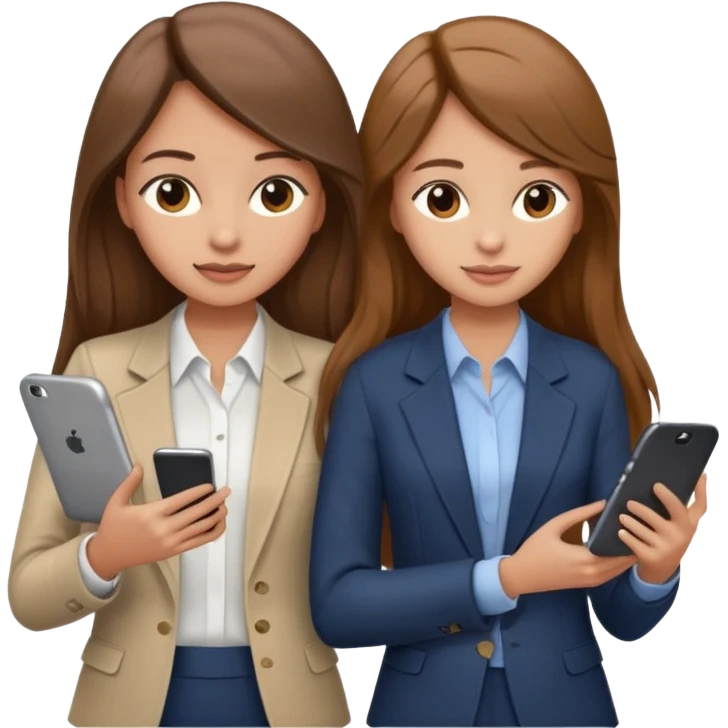 two brown haired girls, looking professional maybe leaned on each others back and looking forward and using phones, with long hair and one girl can hold lap top another one can hold the phone, professional clothes, more stylish emoji
