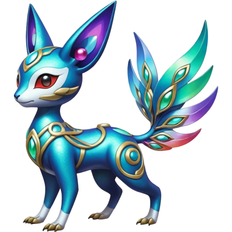 Shiny Colorful Futuristic Ornate Oriental Painted Asian Vernid-Trico-Meloetta-Latias-Koraidon-Peppercat-Protogen-Pokémon-Digimon-Fakémon-fusion-hybrid-creature emoji