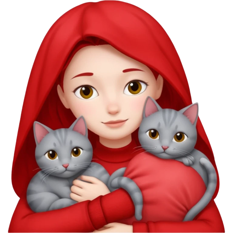 Make 20 gray cats cudling a person wearing all red  emoji