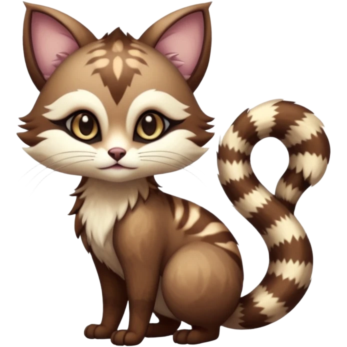 Kawaii dark edgy brown beige white fantasy ethereal feline-vernid-furret-fursona animal creature with a tufted tail full body with intricate markings  emoji