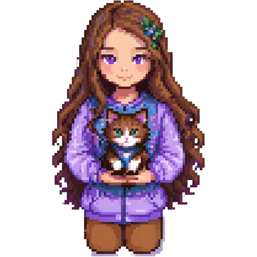 girl with long wavy brown hair and brown eyes wearing purple clothes holding a three-color cat pixel art emoji