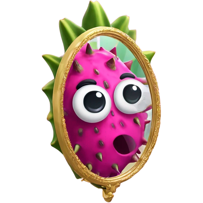 3D elegant Pitahaya with large shiny eyes 👀 Pitahaya hand holds the mirror with its reflection 🪞 emoji