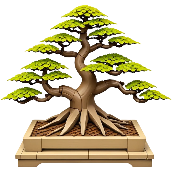 Wide Three tiered Lego bonsai planters stand, shelving nine maple specimens and several smaller azaleas, frame made of one inch thick driftwood emoji