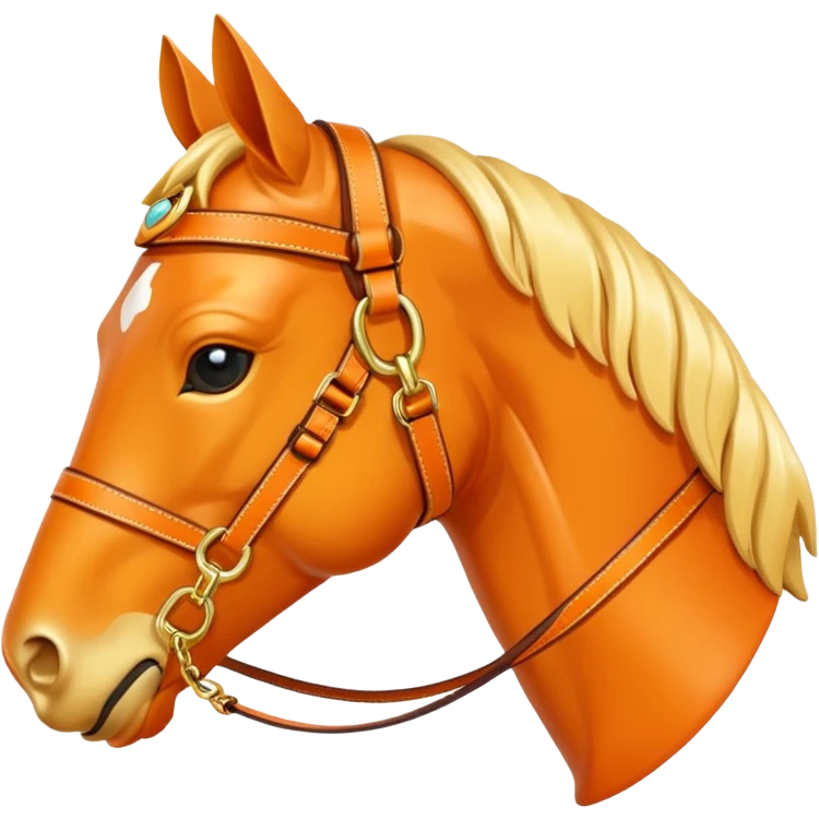Hermès-style horse head emoji, modern harness design, Hermès orange and gold, luxury, cute emoji