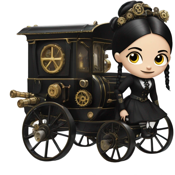 Wednesday Addams riding in a bright steampunk electric wagon emoji