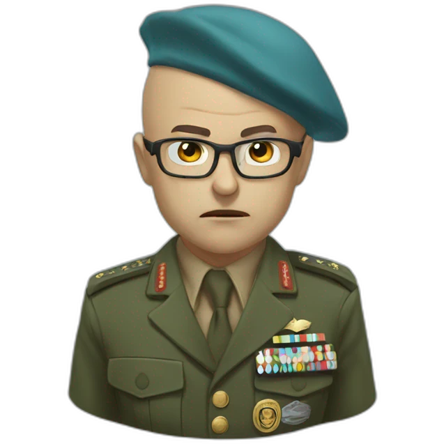 Realistic cyan beret bald very furious general with glasses no hair furious very angry frown with khaki uniform emoji