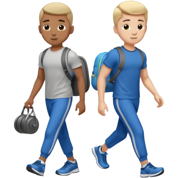 two boys walking, wearing gym clothes and carrying gym equipment, full body emoji