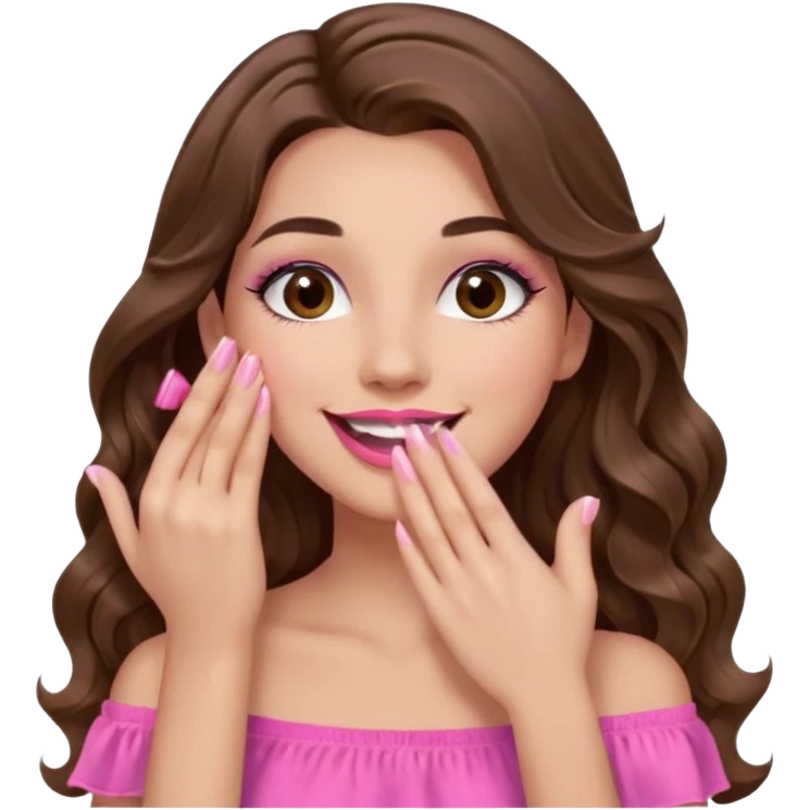 girl with long wavy brown hair, brown eyes, long lashes makeup, pink lips, light to medium complexion, pink sexy top, smiling, hand covering the mouth, giggling emoji