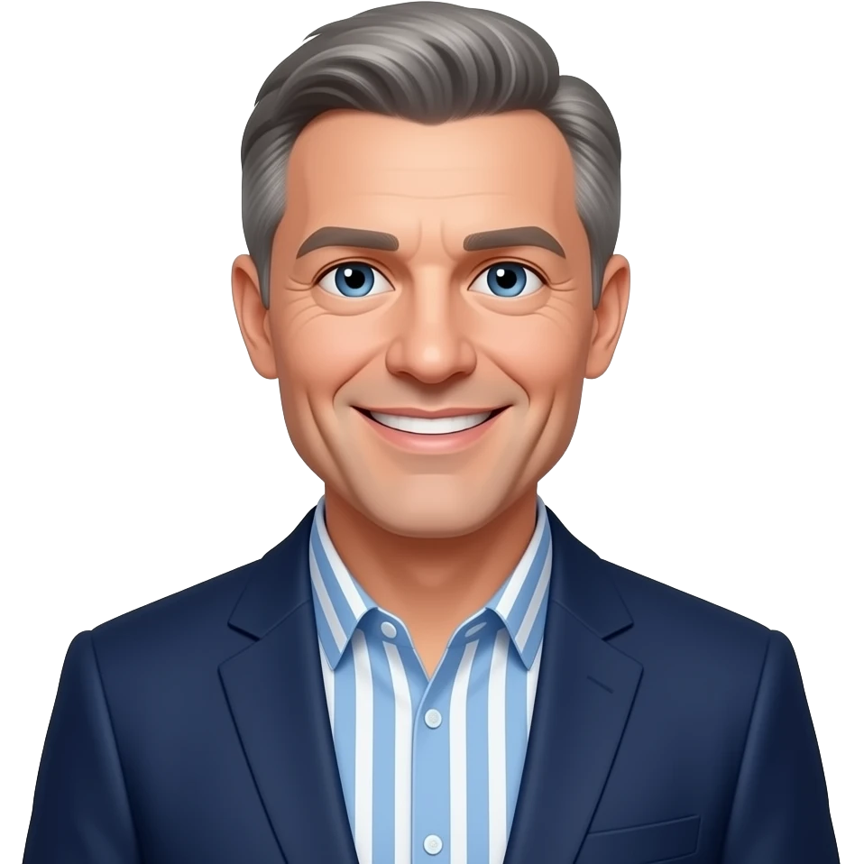 DJR - man, friendly smile, mid 70's, blue eyes, slim face, blue and white vertical striped button up shirt, thin short grey hair, dark blue blazer emoji