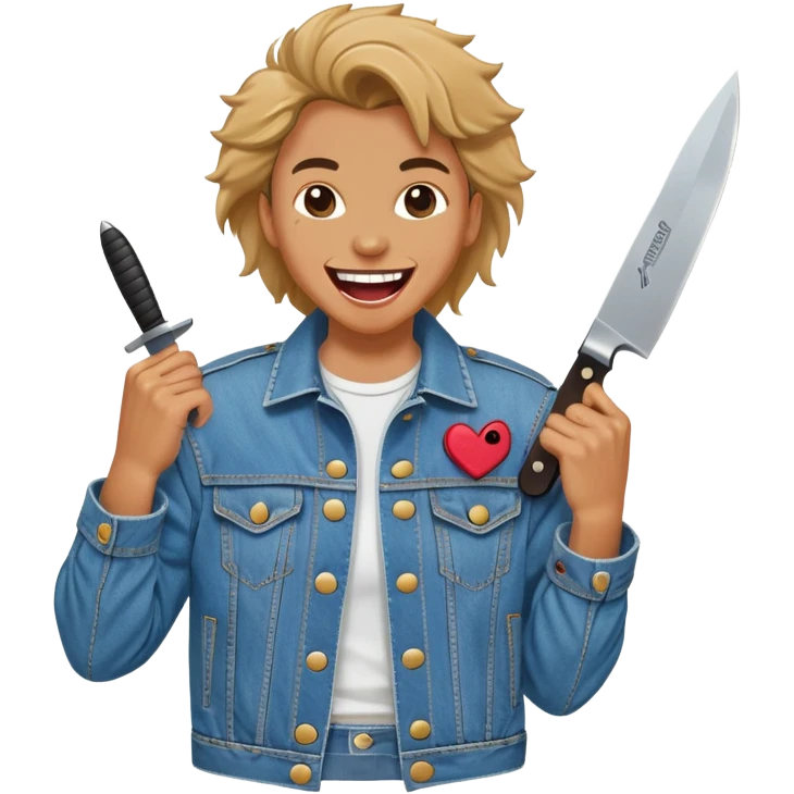 savage person wearing 80s 1988 outfit, denim jacket with shoulder pads, holding a knife, laughing maniacally emoji