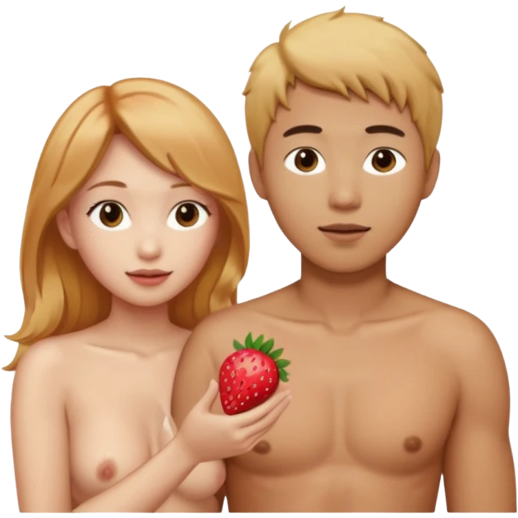 Nude light-skinned Skinned female with  strawberry-blonde hair is touching the penis of tan-skinned asian male emoji