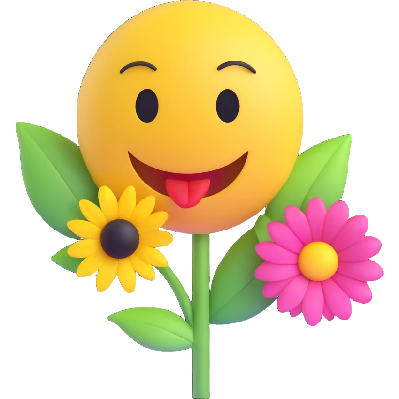3D smiley emoji, nagy szempillás, virággal, puszit adó emoji