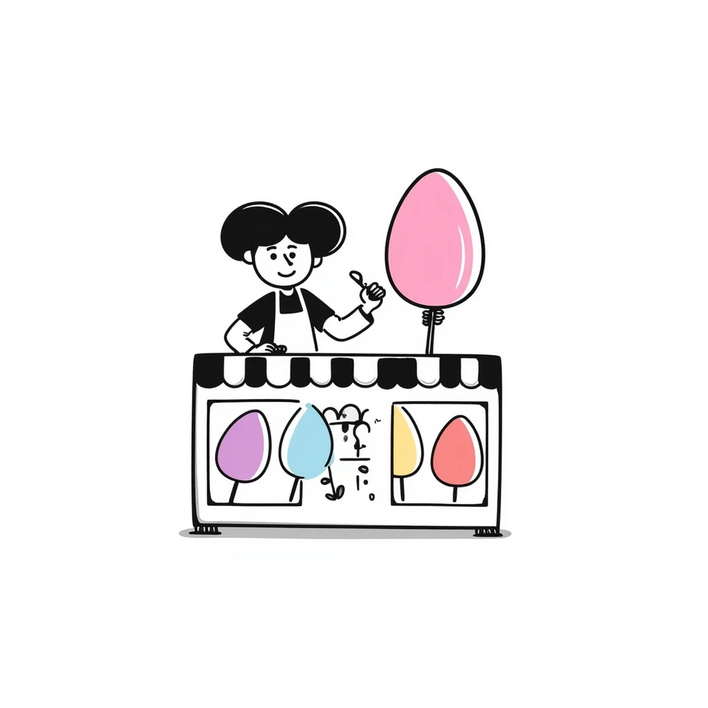 cotton candy stand, hand drawn, playful, colorful emoji