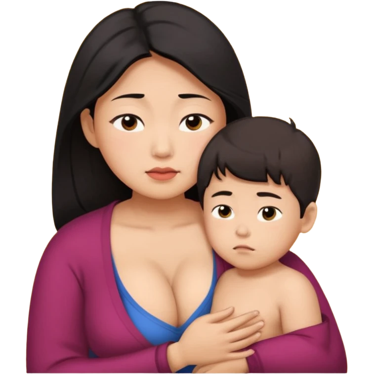Large breasted heavy set asian woman with her son resting his face against her chest emoji