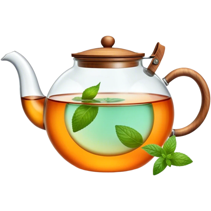 Cinematic realistic emoji depicting a transparent teapot with a realistic wooden lid and glass handle, filled with tea and floating pieces of orange and one mint leaf, rich texture, without unnecessary decoration emoji