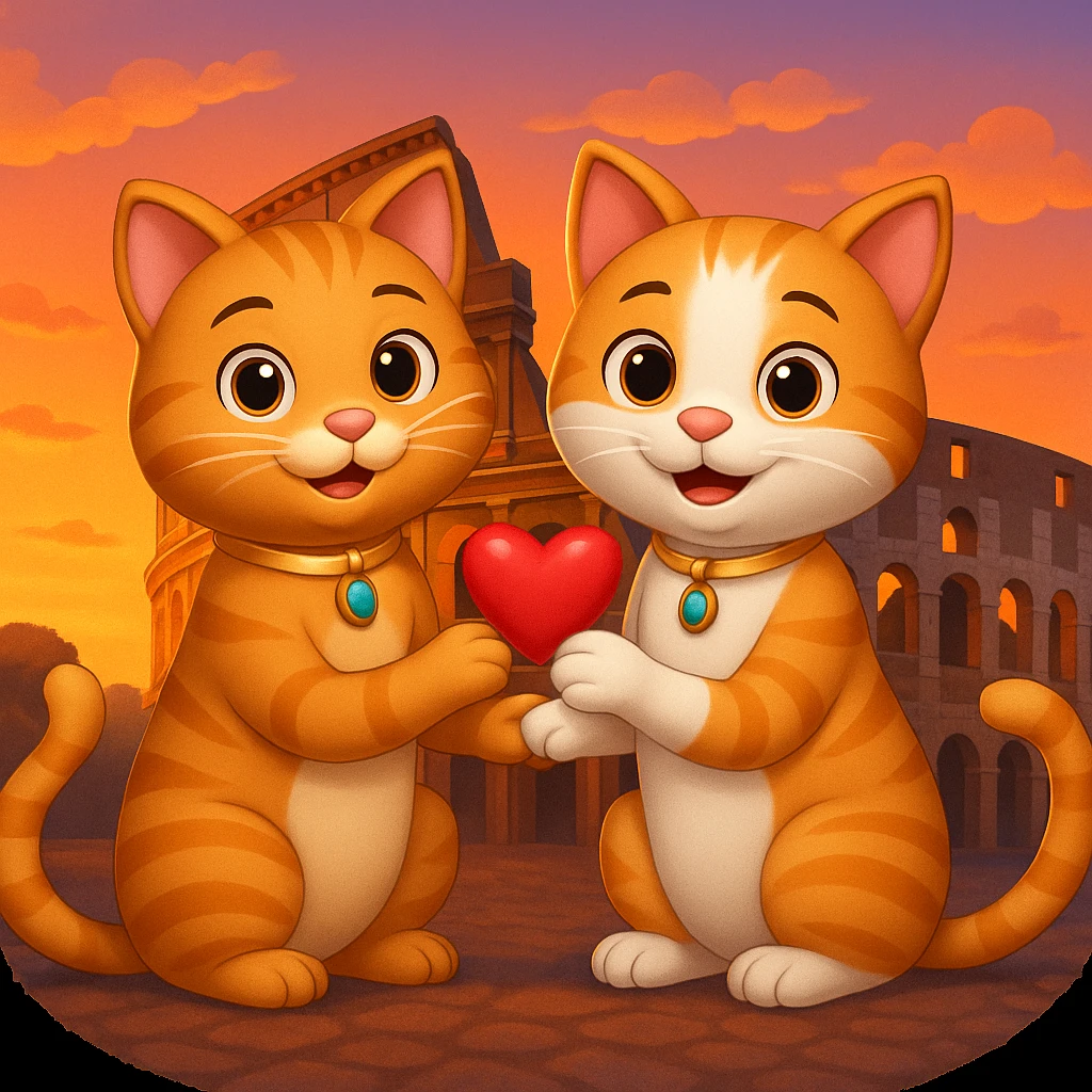 Add the Colosseum in the background with a sunset ambiance, keeping the happy cat proposal in Rome. The style should resemble emoji style. Keep the background transparent if possible. emoji