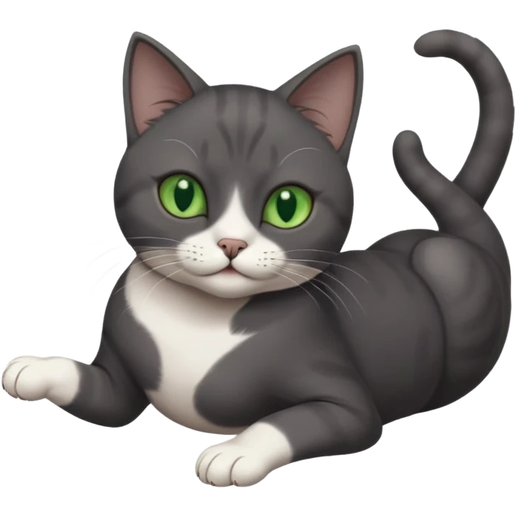 dark grey cat with green eyes, white toes/paws and white patch on her chest playfully rolling upside down emoji