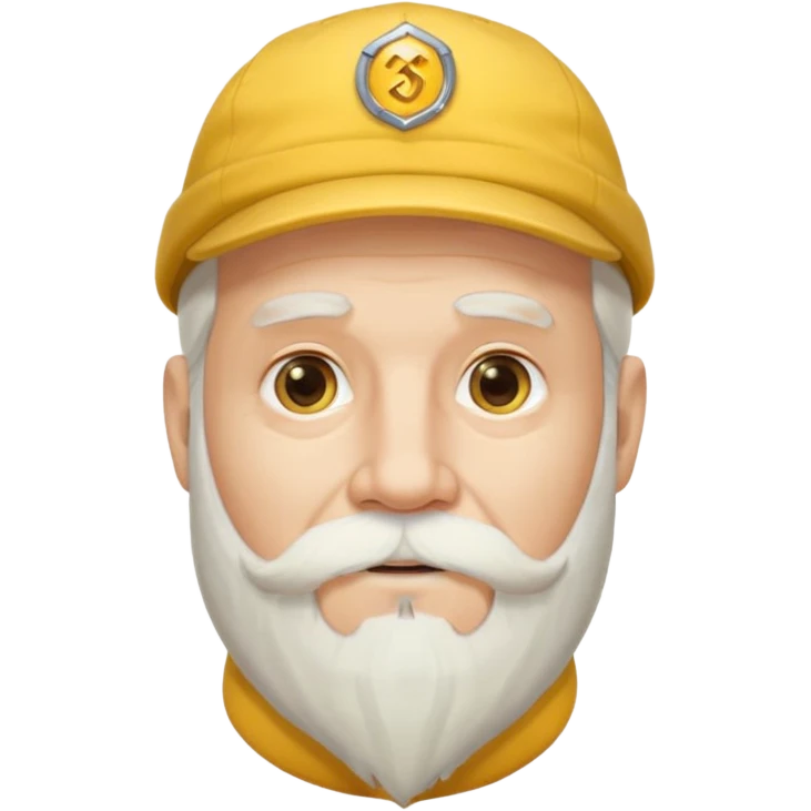 older man with long white beard and cap with yellow 'M', focus on face and beard, Apple-style emoji emoji
