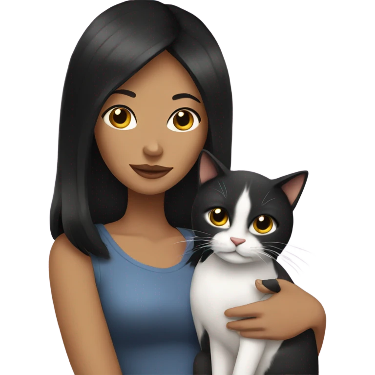 Lady with black straight hair holding a cat emoji
