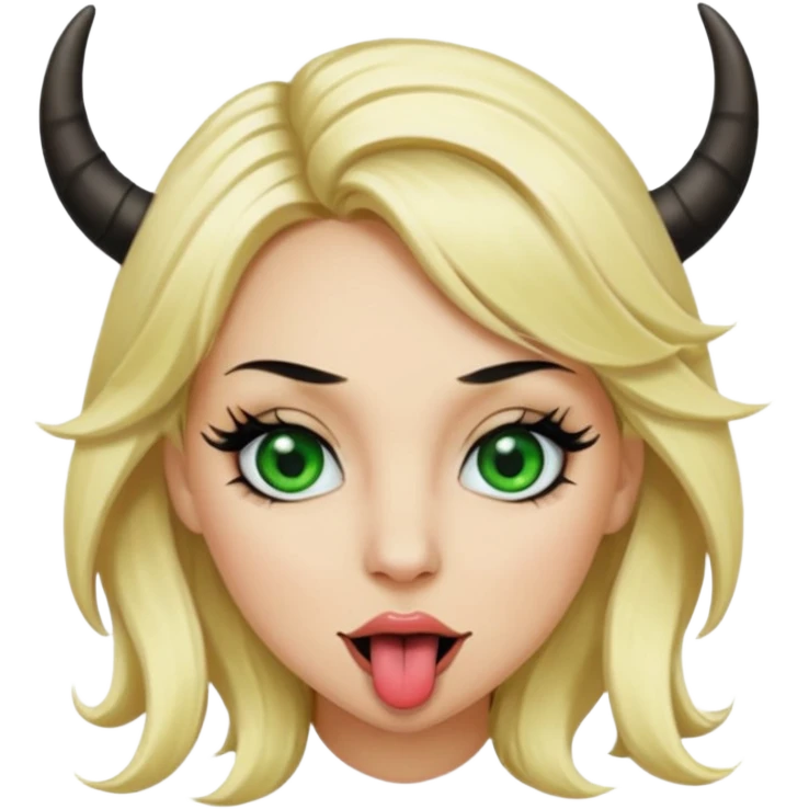Emoji femme blonde cheveux blond, yeux vert avec de long cils noir qui tire la langue et à des cornes  emoji