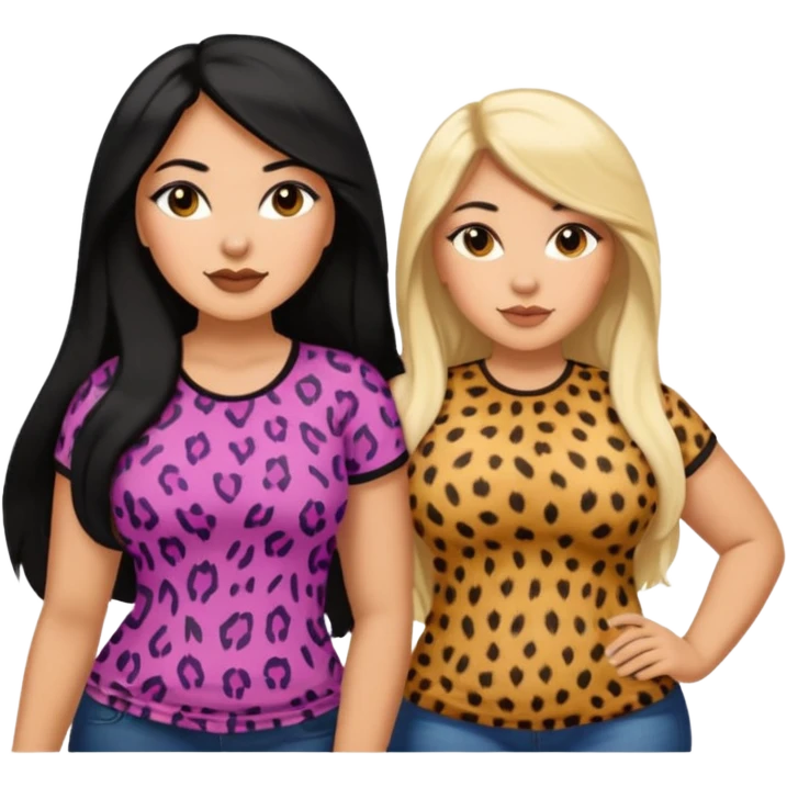 Tan Latina woman with long black hair chubby and black woman with long blonde hair slim thick in cheetah top sexy emoji