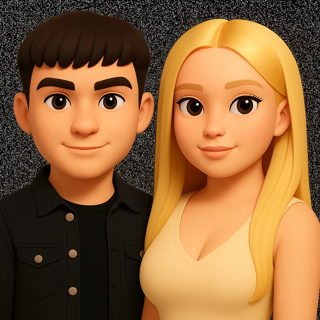 Slightly increase the volume of the upper body of the girl, slightly turn her to face forward, and make the skin color uniform. Maintain the cartoonish 3D style as in the reference image. emoji