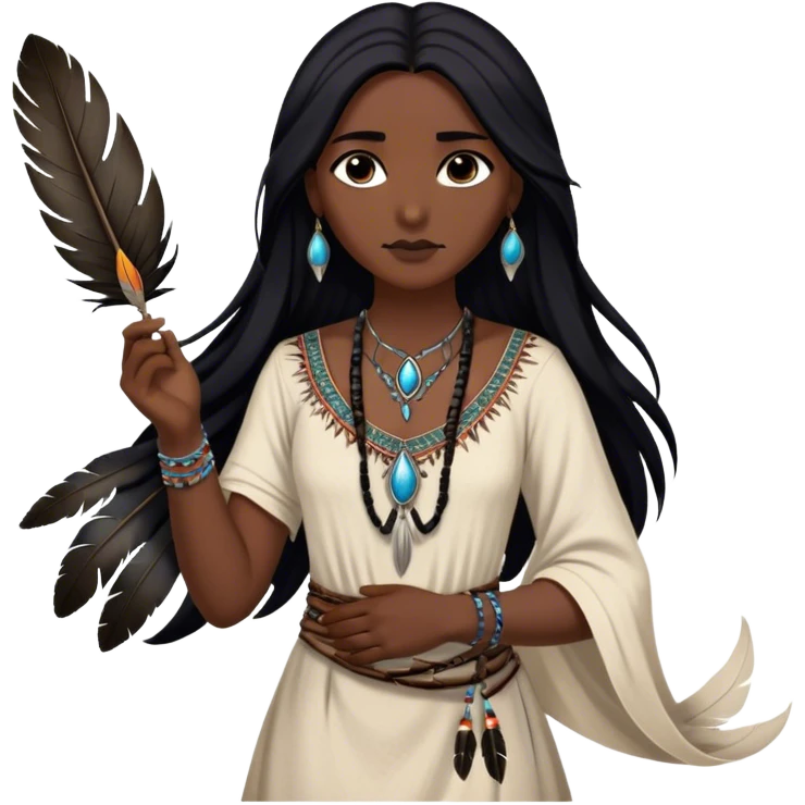 Cinematic Realistic Pocahontas Portrait, depicted with lifelike skin texture, soft natural lighting, and intricately detailed long, flowing raven-black hair that moves gracefully in the wind. Her deep, soulful dark brown eyes exude wisdom and strength, complemented by a serene yet powerful expression. She is shown gently holding a feather in one hand, her other hand resting lightly at her side, embodying the harmonious balance between nature and herself. She is dressed in her classic one-shoulder native American dress, with rich fabric textures and delicate beaded details that catch the light beautifully. The portrait features a soft, sun-kissed glow with a natural, radiant finish, capturing the essence of untamed beauty and deep connection to nature in a realistic and painterly style, evoking a sense of depth and authenticity. emoji