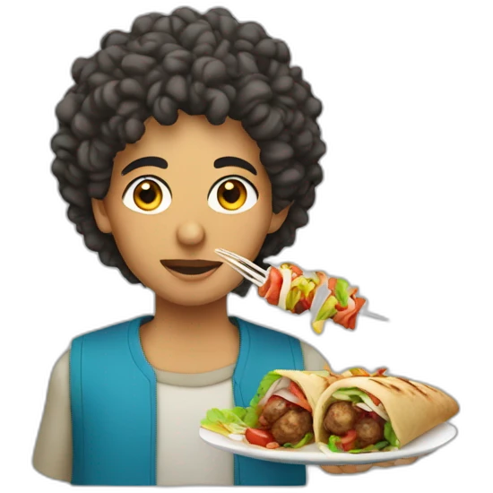 a arab people with short curly hair eating a kebab emoji