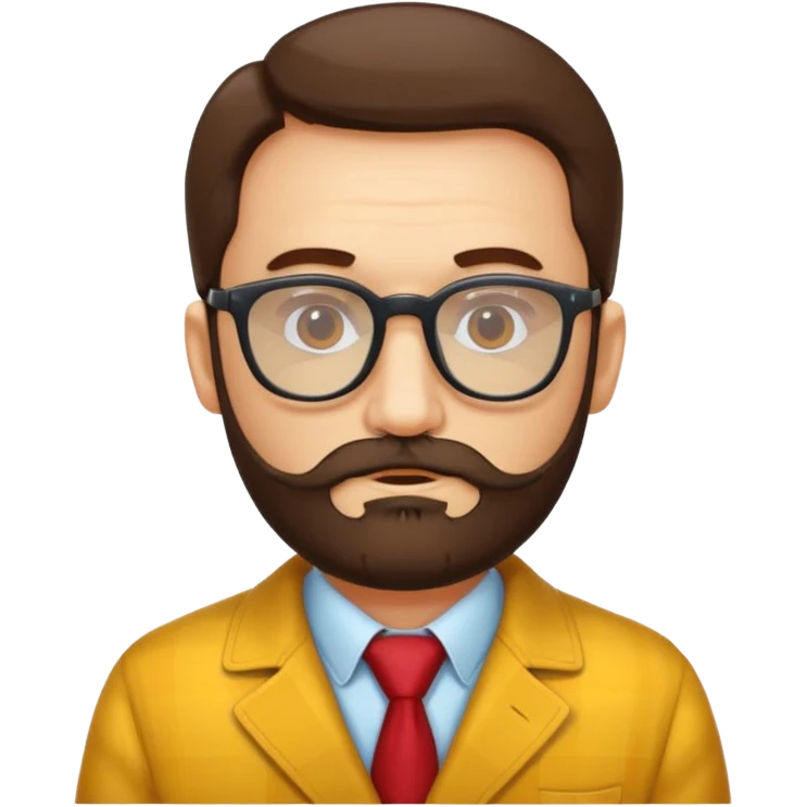 Un profesor calvo, que tenga barba abundante, lleva gafas con el cristal de color amarillo y un abrigo de cuadros rojo emoji