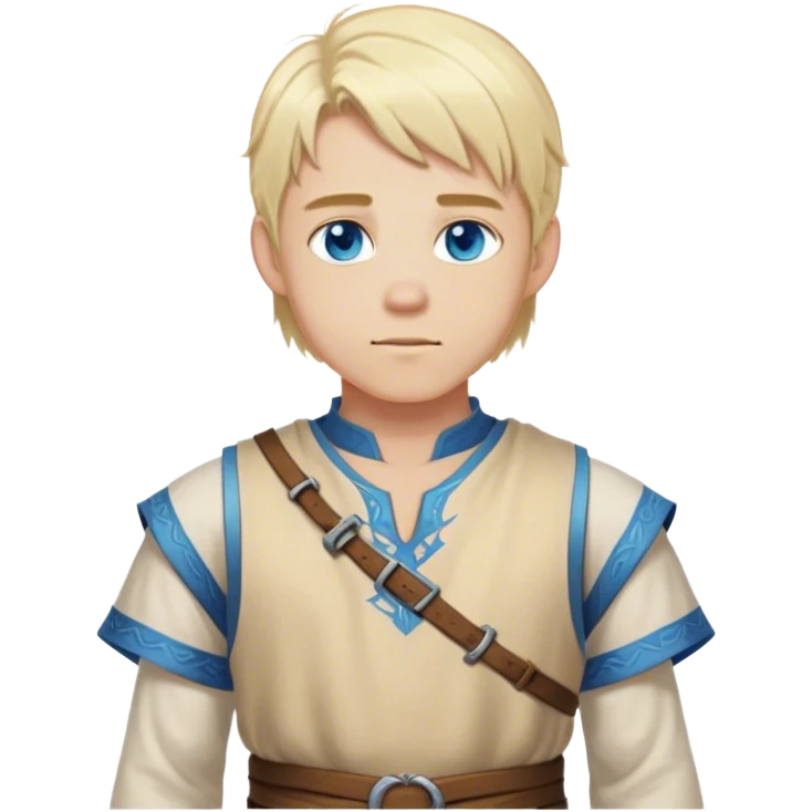 medieval summer outfit worn by a DnD themed fantasy male character. basic sleeveless tunic made of lightweight wool, slightly open at the sides for breathability. clothes only above the waist. The clothes full waist. The character's haven't arms. character is white-skinned, blonde hair, blue eyes, shoulder-length straight hair. emoji