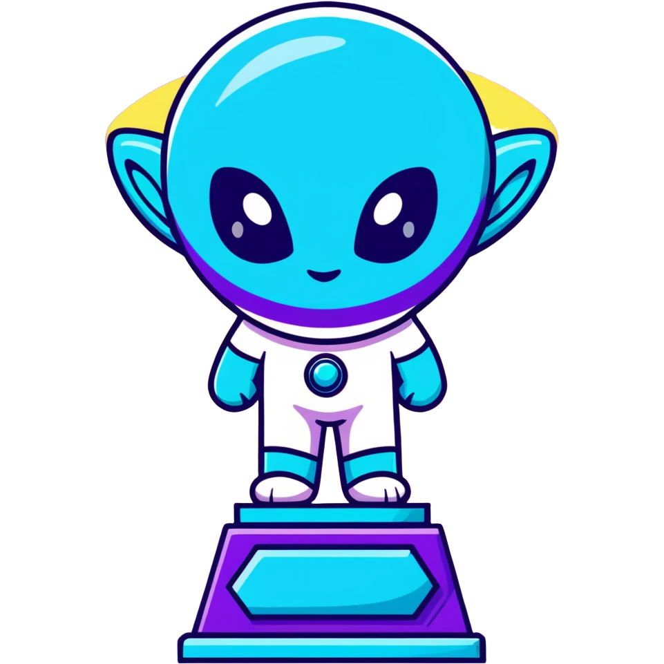 Alien award trophy with aurora-like cosmic colors, deep space purples and blues, gleaming with stardust emoji