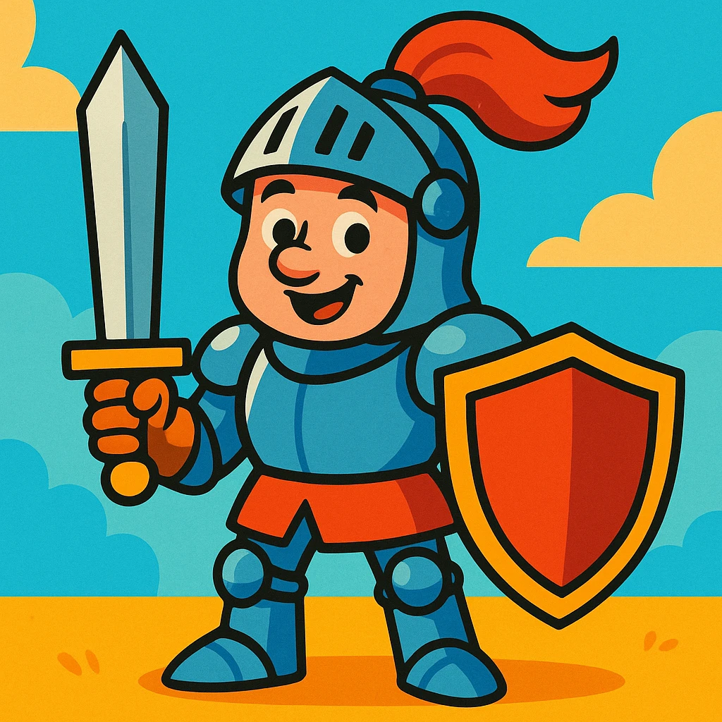 knight in shining armor, cartoon style, bright colors, friendly expression emoji