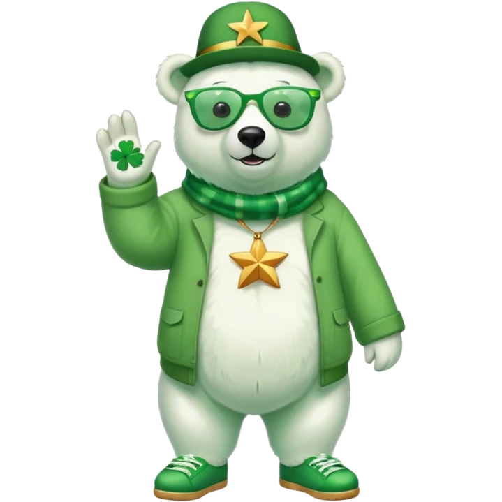 full body friendly anthropomorphised polar bear wearing oversized colorful star glasses, green hat, shamrock accessories, festive green shirt, green shoes, St. Patrick's Day emoji