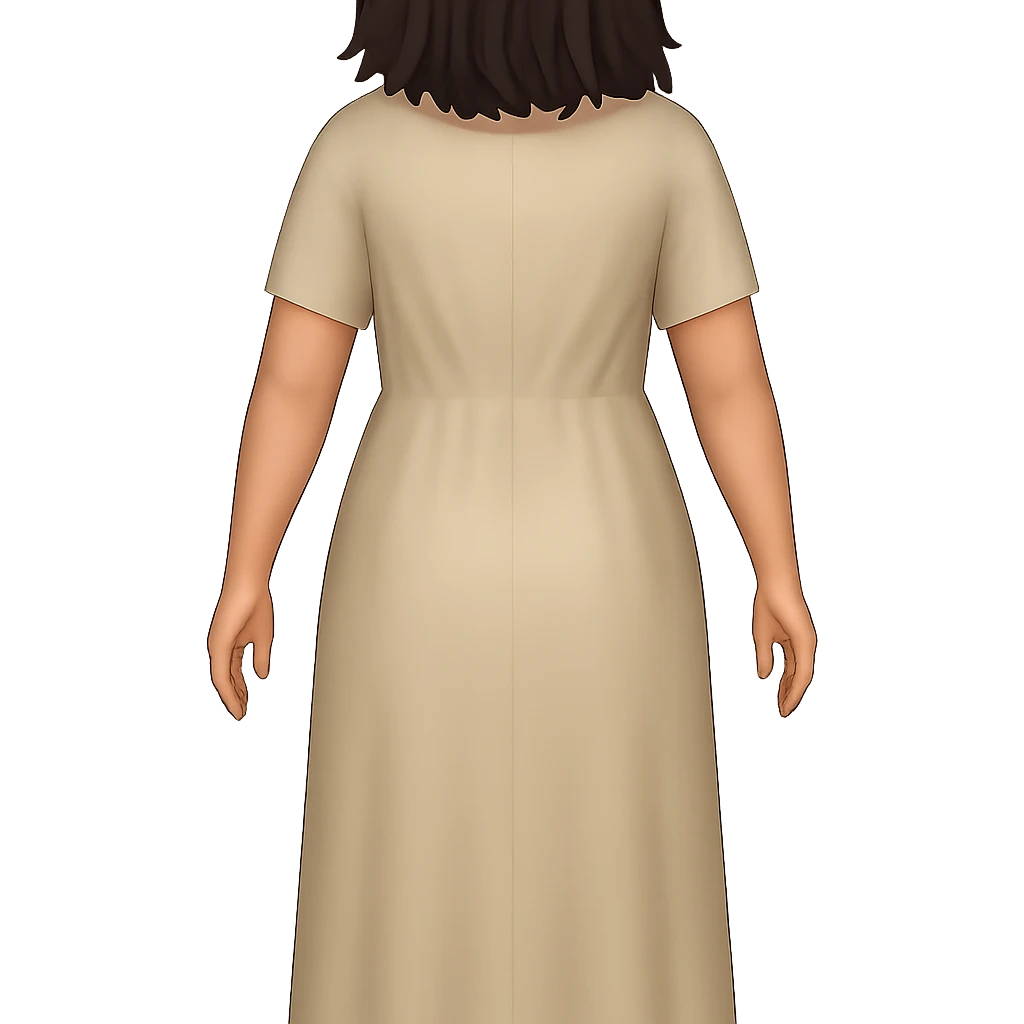 Create a back view, fullbody emoji style character with the same style and proportions as the reference image. The character should wear a plain light tan dress, have dark hair, arms relaxed, and a transparent background. emoji