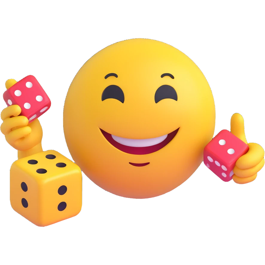 3D smiley emoji, round shape, lucky dice, lucky face emoji