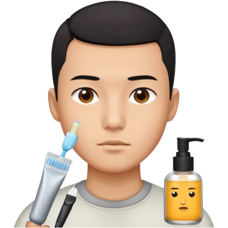 try different skincare products for chinese man with buzz cut (short black hair) doing skincare emoji