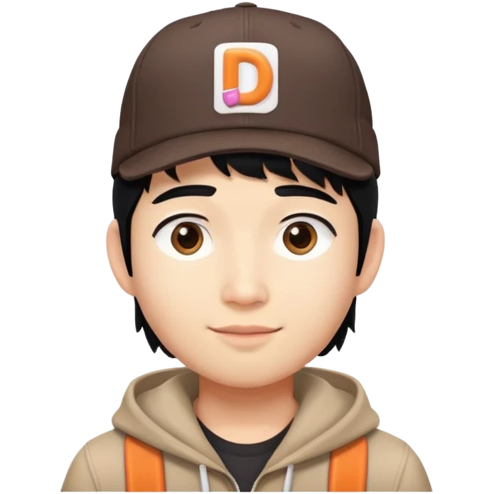 an asian dunkin donut worker with semi long hair black to his shoulders wearing the DUNKIN hat emoji