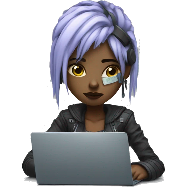 Sad cyberpunk girl working it office with laptop emoji