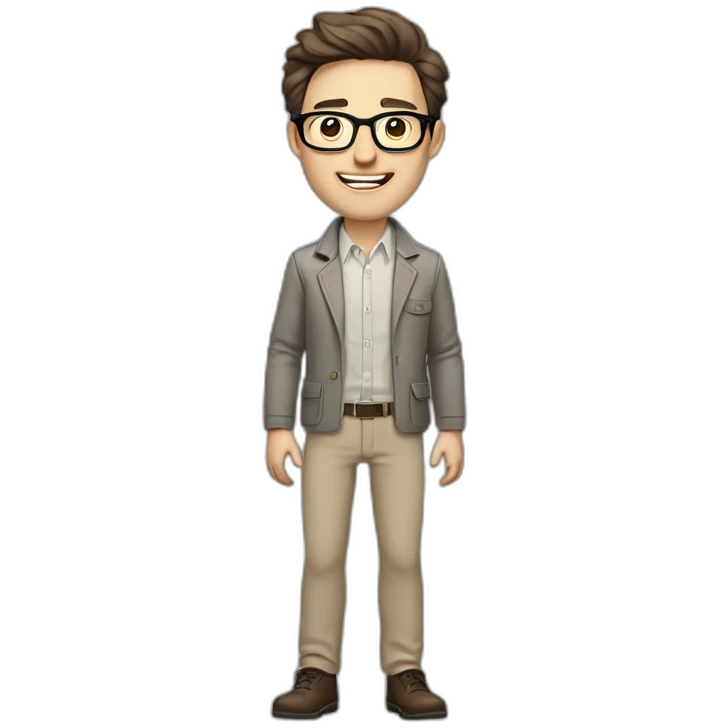 Joyful Full height Pale skinned Fit Man With dark brown hair in gray jacket, beige office shirt, Brown pants and vintage glasses. His thrumbs up emoji