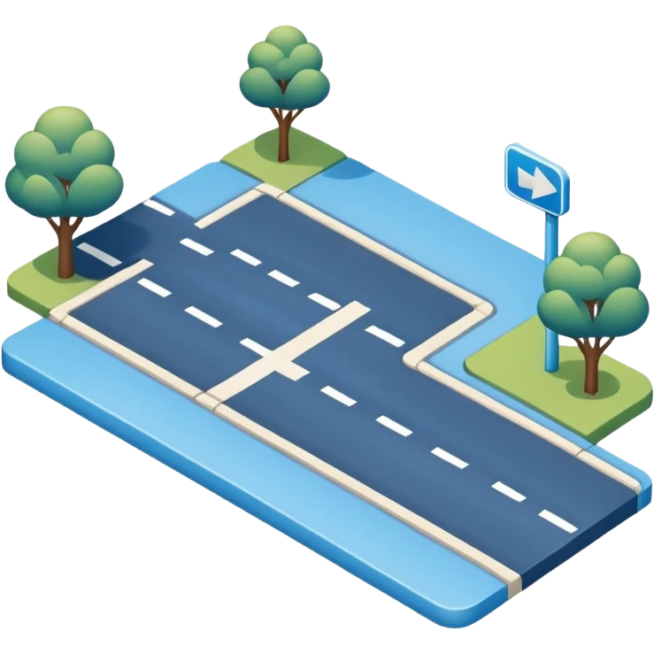 
A 3D minimal icon showing a street route with a clear path, blue road with white markings, in a clean, minimal 3D style and a transparent background. emoji