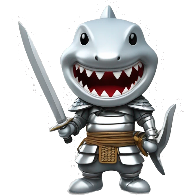 A fully silver chrome figurine of a shark in a samurai outfit, 3D style. emoji