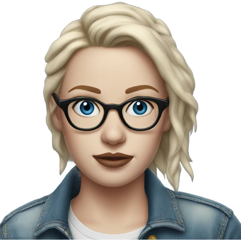 Create a Hyper Realistic pale beautiful tattooed 3D woman with glasses and blue eyes wearing denim jacket emoji