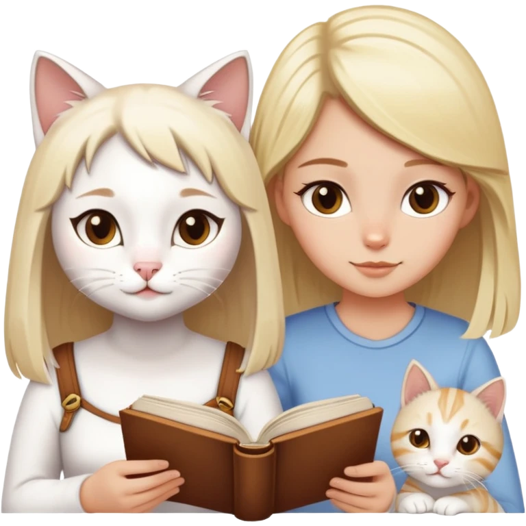 Un gato blanco con manchas atigradas leyendo un libro junto a una chica rubia de ojos marrones emoji